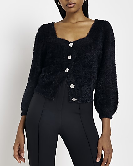 Black fluffy button front top