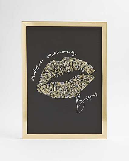 Black foil lips graphic framed print