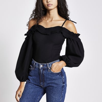 Black frill bardot long volume sleeve top