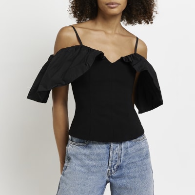 Black frill store bardot top