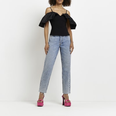 Black frill bardot top River Island