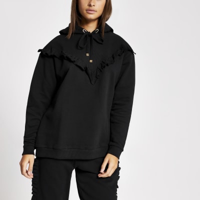 Black frill chevron ribbed hoodie