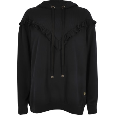 Black frill chevron ribbed hoodie