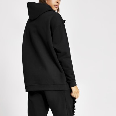 Black frill chevron ribbed hoodie