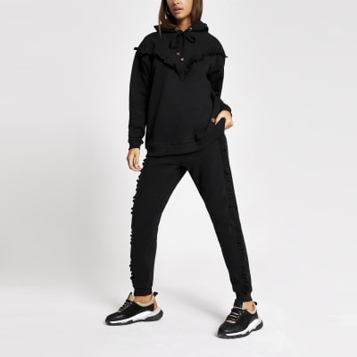 Black frill chevron ribbed hoodie