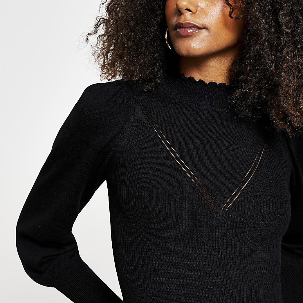 Black frill detail high neck fitted top | River Island