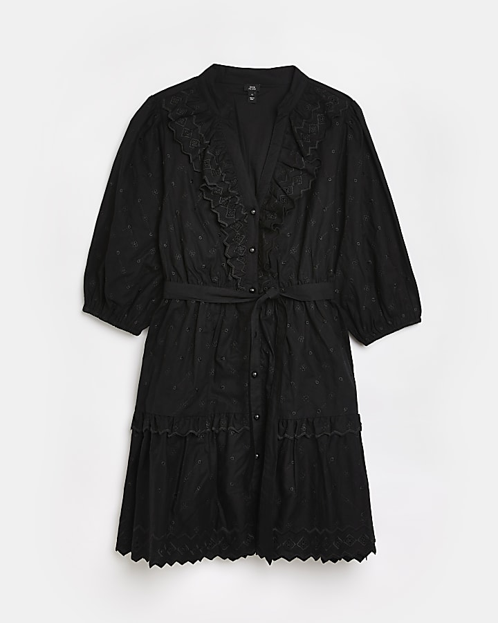 Black frill detail mini shirt dress