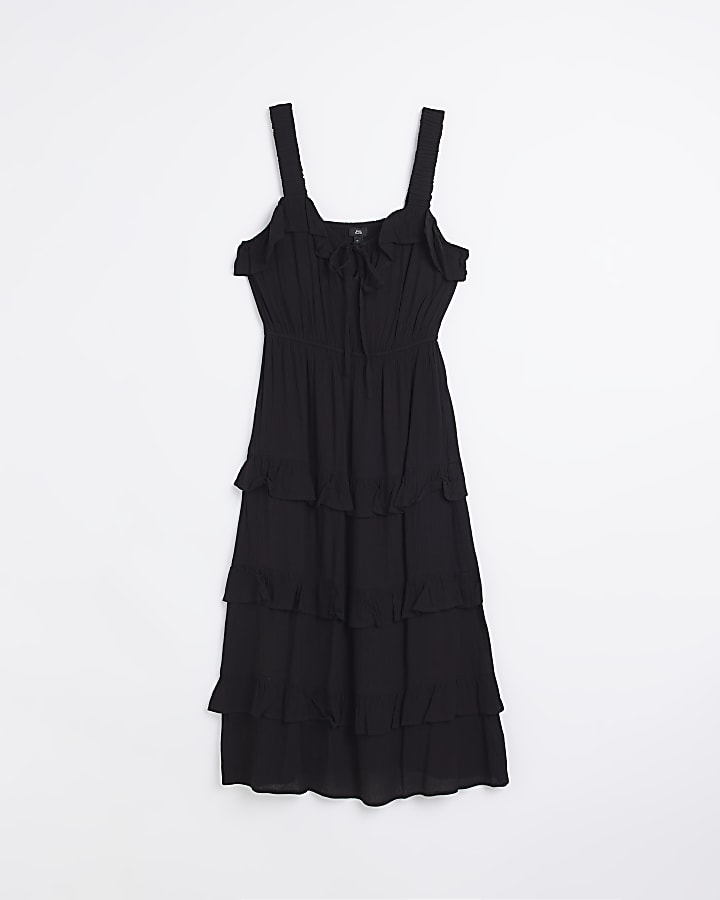 Black Frill Layered Midi Dress