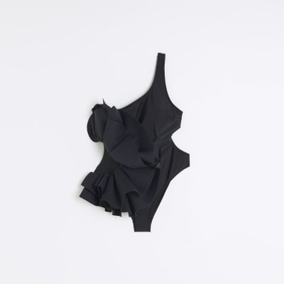 Black frill one shoulder swimsuit River Island