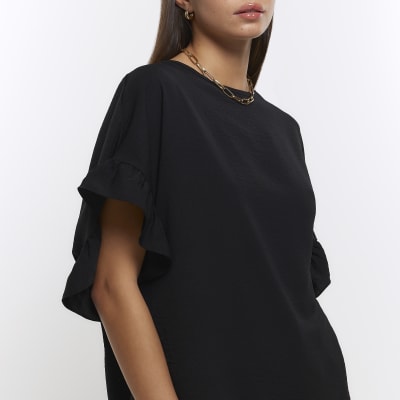 Black frill sleeve tshirt River Island