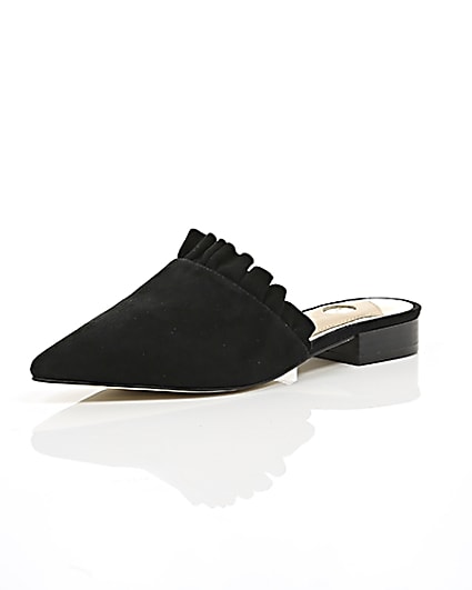 360 degree animation of product Black frill suede backless loafers frame-0