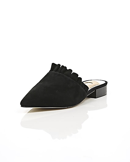360 degree animation of product Black frill suede backless loafers frame-1
