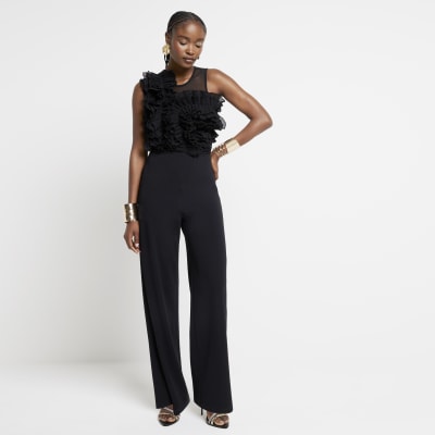 River Island Womens Black Frill Top Wide Leg Jumpsuit