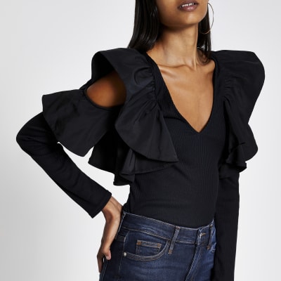 black v neck cold shoulder top