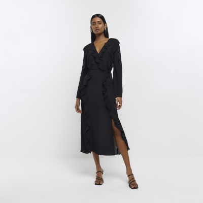 Black frill wrap swing midi dress River Island