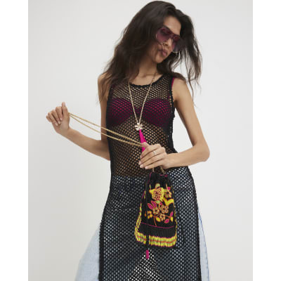 Black Fringe Beaded Drawstring Bag