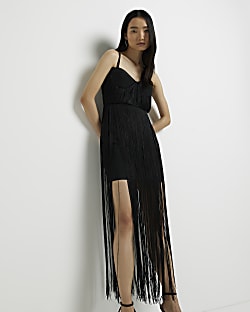 Black fringe mini bodycon dress