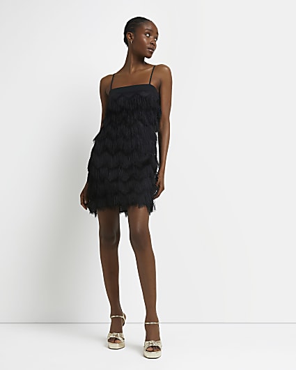 Black fringe slip mini dress