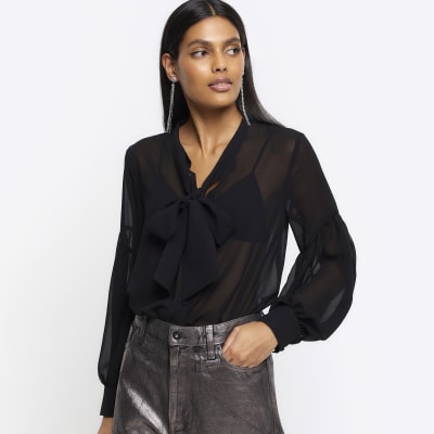 Black front tie long sleeve shirt | River Island