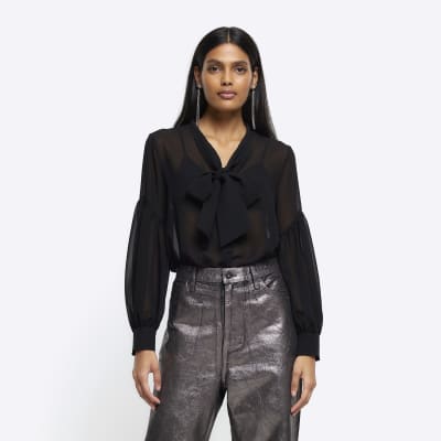 Black front tie long sleeve shirt | River Island