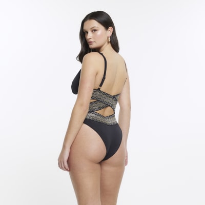 Black fuller bust cut out plunge swimsuit River Island