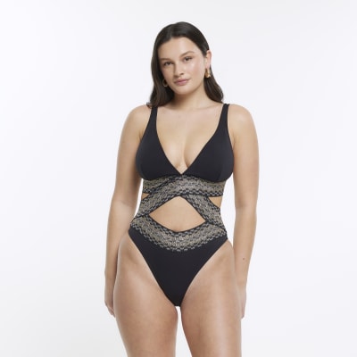 Black fuller bust cut out plunge swimsuit River Island