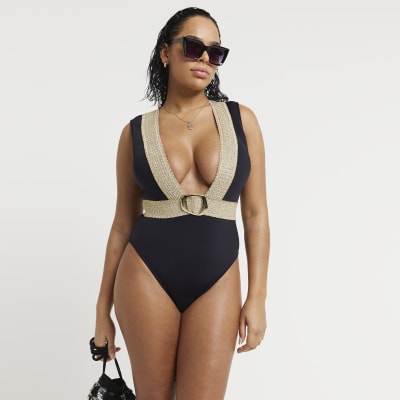 Black fuller bust elastic buckle swimsuit River Island