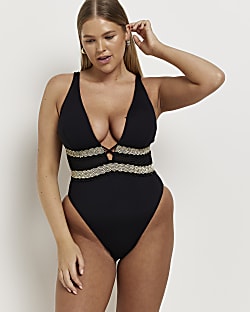 Black fuller bust embroidered plunge swimsuit