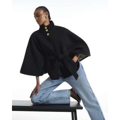 Funnel Neck Belted Cape Coat