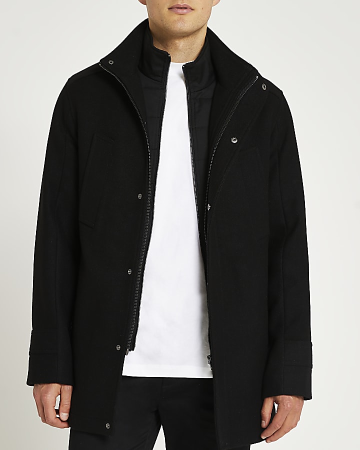 Black funnel neck wool coat