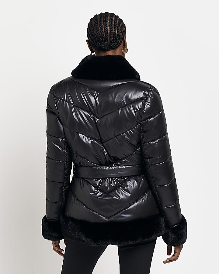 Black fur trim belted padded jacket