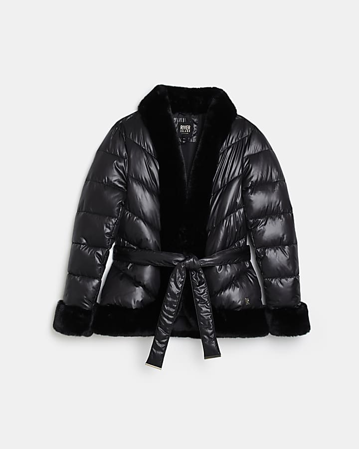 Black fur trim belted padded jacket
