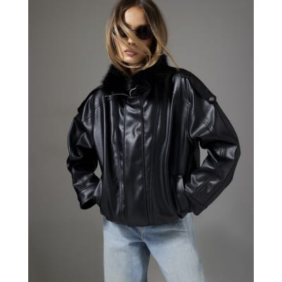 Fur Trim Faux Leather Bomber Jacket