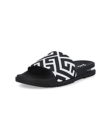 360 degree animation of product Black geometric print bubble sole sliders frame-0