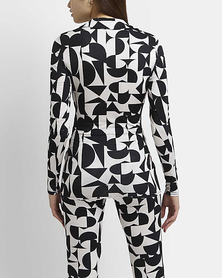 Black geometric print tie front top