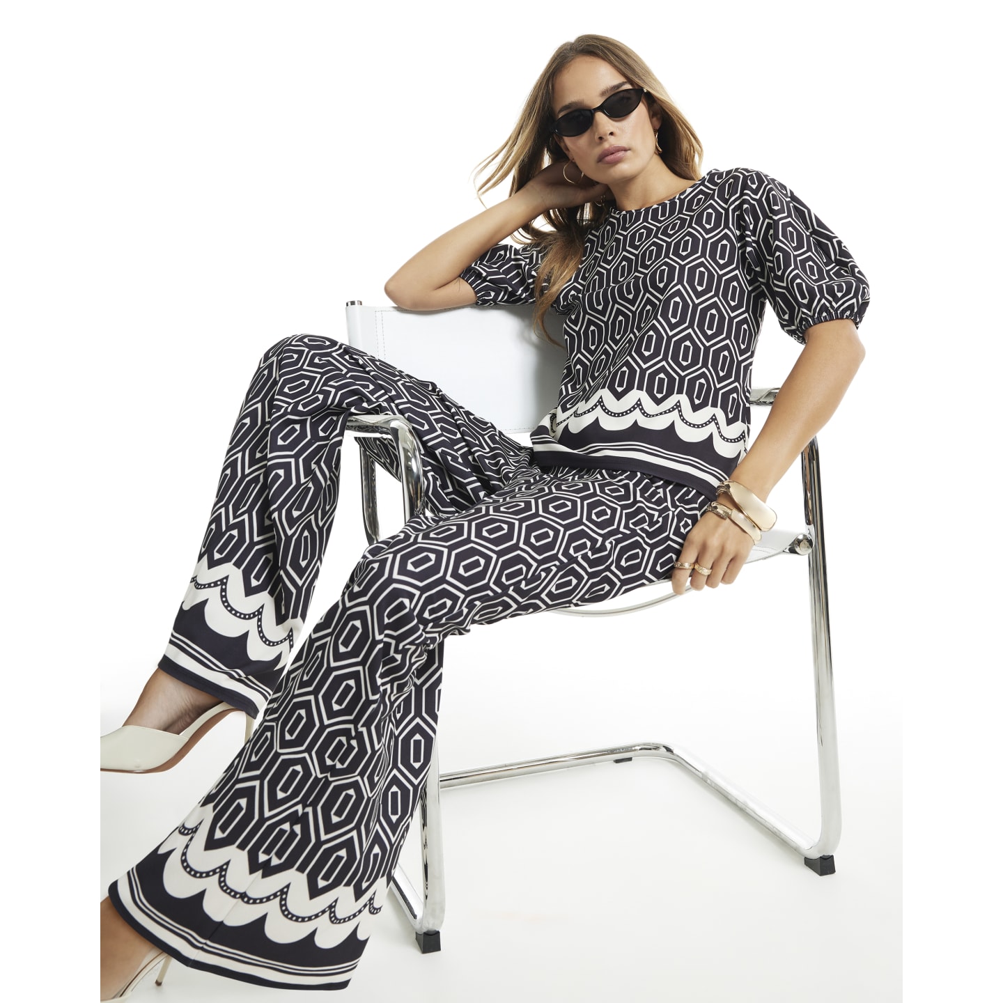 River Island Black Geometric Print Wide Leg Trousers — photo 1 of 1