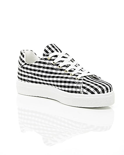 360 degree animation of product Black gingham print trainers frame-7