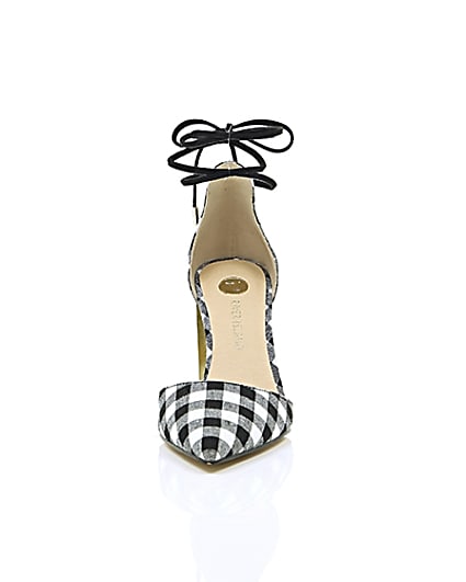 360 degree animation of product Black gingham tankle tie block heel sandals frame-3