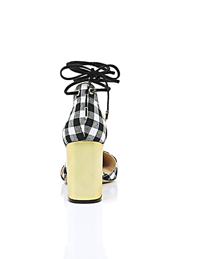 360 degree animation of product Black gingham tankle tie block heel sandals frame-15