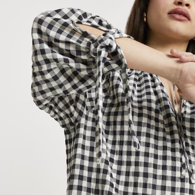 Black gingham tie neck smock mini dress