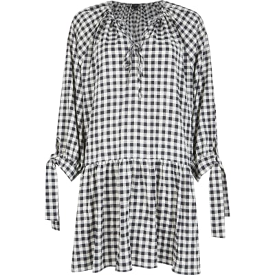 Black gingham tie neck smock mini dress