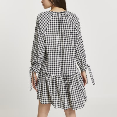 Black gingham tie neck smock mini dress