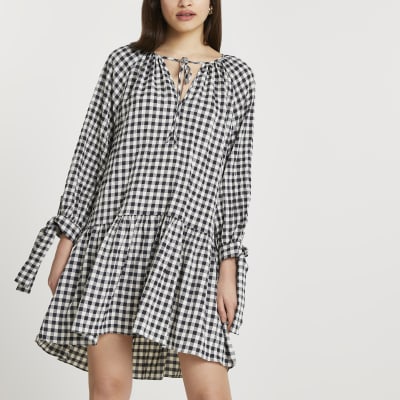 Black gingham tie neck smock mini dress