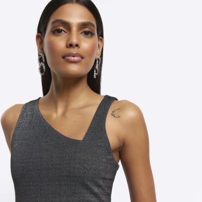 Black glitter asymmetric tank top | River Island