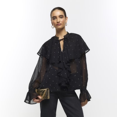 Black glitter detail frill blouse | River Island