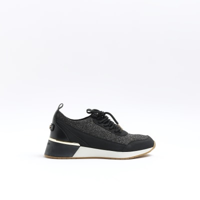 Black glitter detail trainers | River Island