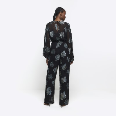 16214 Black Floral Tulle Sleeve Jumpsuit