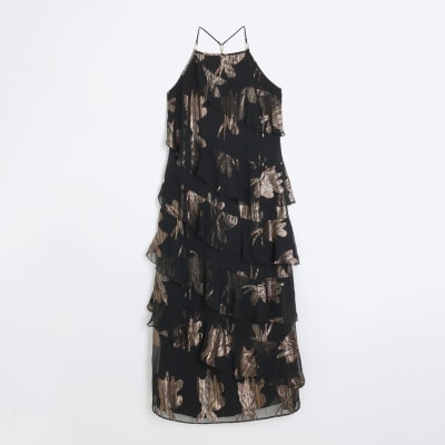 Black glitter frill maxi dress