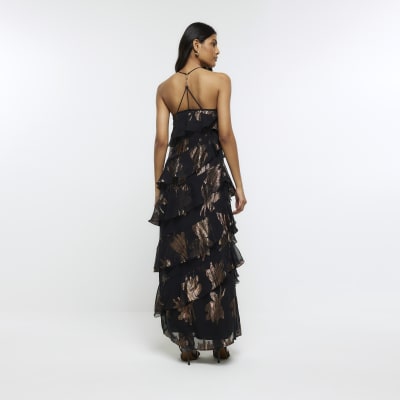 Black glitter frill maxi dress