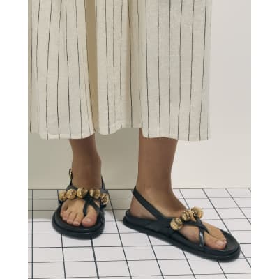 Black Gold Ball Strap Footbed Sandals